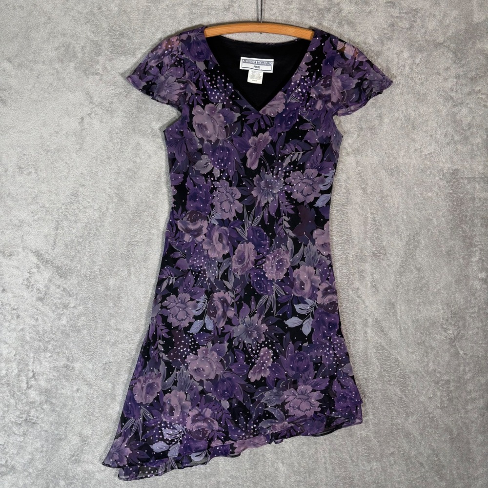 VTG Jessica Howard Purple Floral Asymmetrical Dress Fits M Glitter Fairycore Y2K
